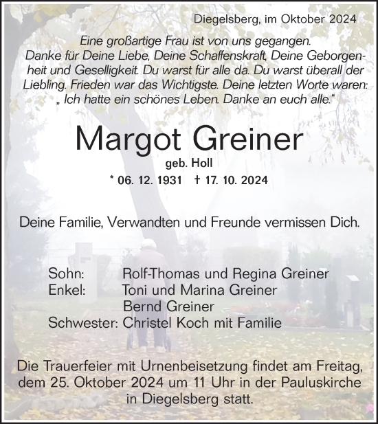 Traueranzeige von Margot Greiner von NWZ Neue Württembergische Zeitung