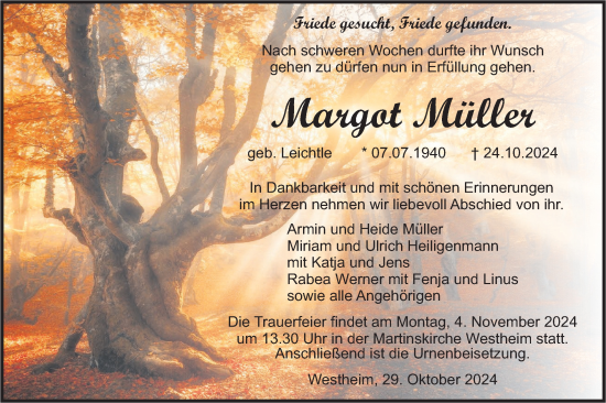 Traueranzeige von Margot Müller von Haller Tagblatt