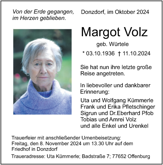 Traueranzeige von Margot Volz von NWZ Neue Württembergische Zeitung