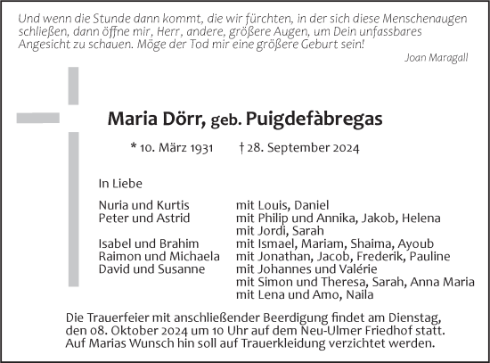 Traueranzeige von Maria Dörr von SÜDWEST PRESSE Ausgabe Ulm/Neu-Ulm/Neu-Ulmer Zeitung