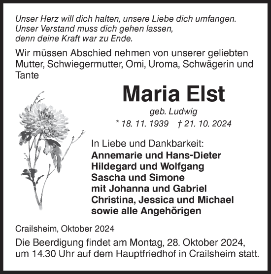 Traueranzeige von Maria Elst von Hohenloher Tagblatt