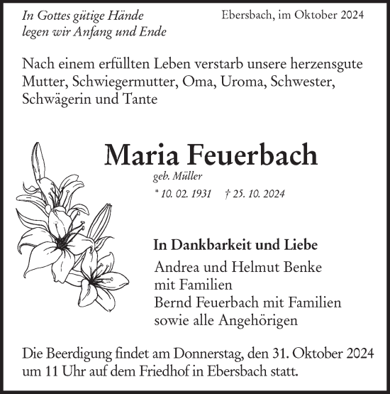 Traueranzeige von Maria Feuerbach von NWZ Neue Württembergische Zeitung