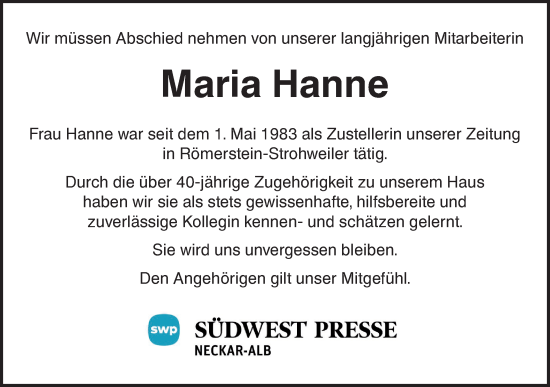 Traueranzeige von Maria Hanne von Alb-Bote/Metzinger-Uracher Volksblatt