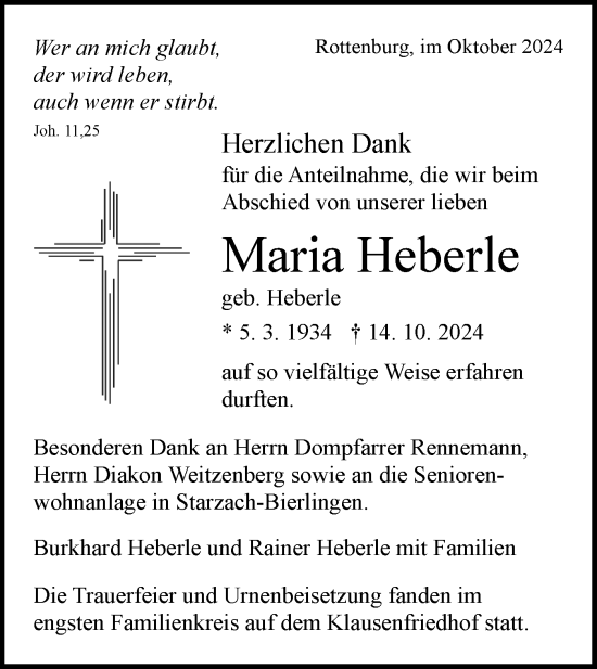 Traueranzeige von Maria Heberle von Schwäbische Tagblatt