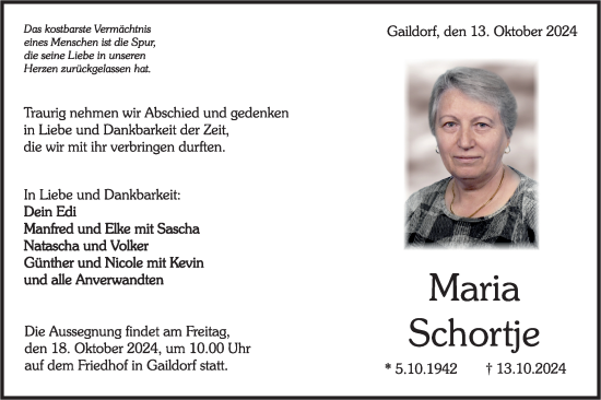 Traueranzeige von Maria Schortje von Rundschau Gaildorf