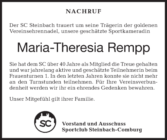 Traueranzeige von Maria-Theresia Rempp von Haller Tagblatt