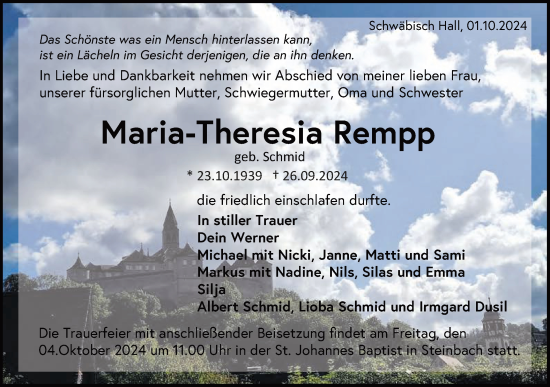 Traueranzeige von Maria-Theresia Rempp von Haller Tagblatt