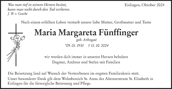 Traueranzeige von Maria Margareta Fünffinger von NWZ Neue Württembergische Zeitung