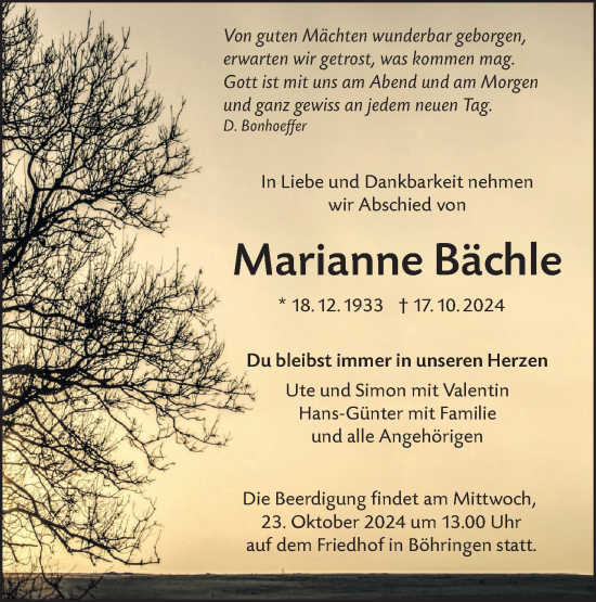 Traueranzeige von Marianne Bächle von Alb-Bote/Metzinger-Uracher Volksblatt