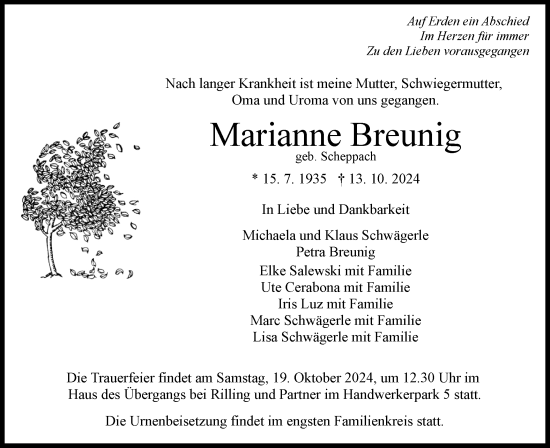 Traueranzeige von Marianne Breunig von Schwäbische Tagblatt