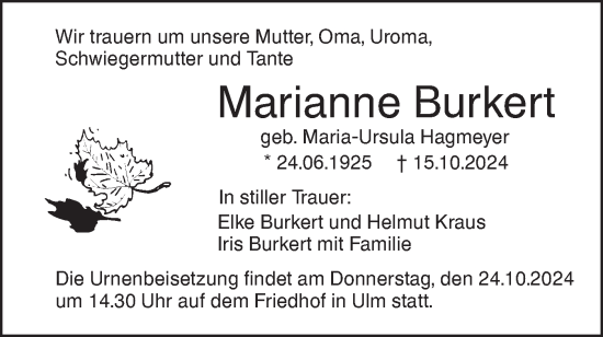 Traueranzeige von Marianne Burkert von SÜDWEST PRESSE Ausgabe Ulm/Neu-Ulm