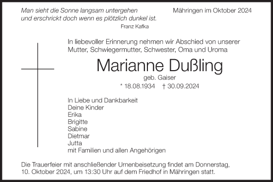 Traueranzeige von Marianne Dußling von Schwäbische Tagblatt