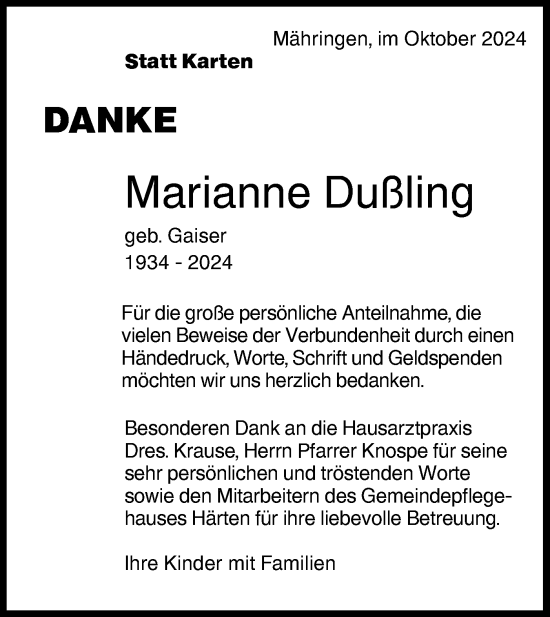 Traueranzeige von Marianne Dußling von Schwäbische Tagblatt