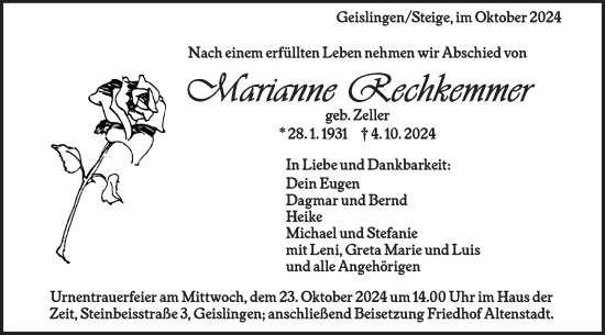 Traueranzeige von Marianne Rechkemmer von Geislinger Zeitung