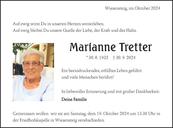 Traueranzeige von Marianne Tretter von NWZ Neue Württembergische Zeitung/Geislinger Zeitung