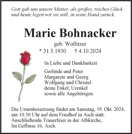 Traueranzeige von Marie Bohnacker von SÜDWEST PRESSE Ausgabe Ulm/Neu-Ulm