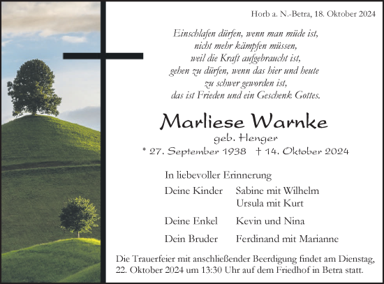 Traueranzeige von Marliese Warnke von Neckar-Chronik