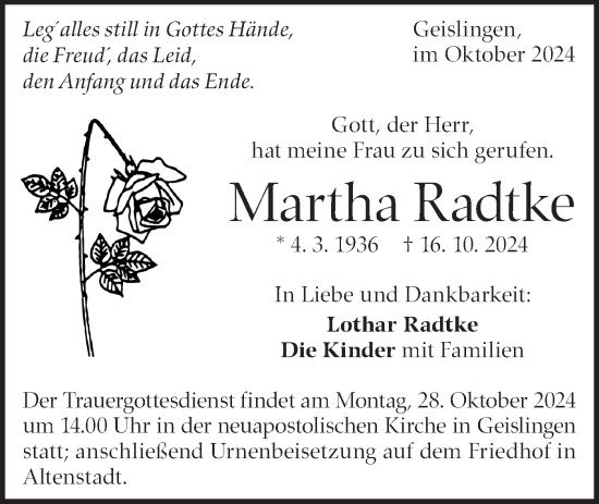 Traueranzeige von Martha Radtke von Geislinger Zeitung