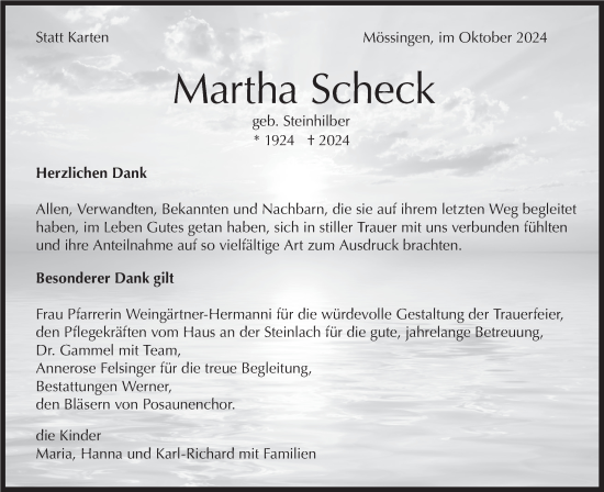 Traueranzeige von Martha Scheck von Schwäbische Tagblatt