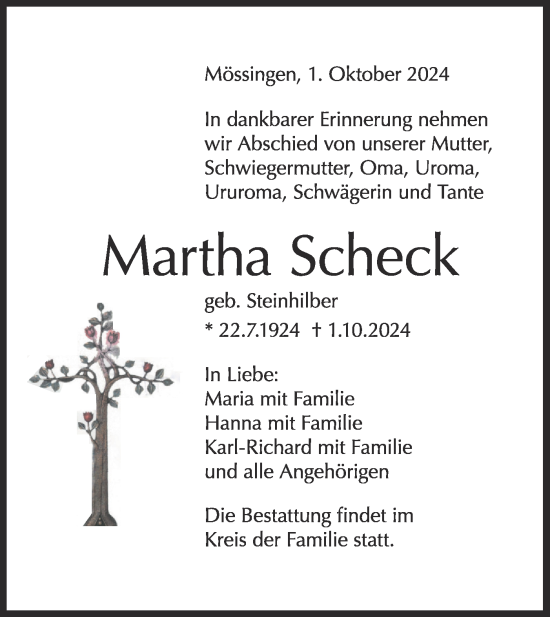 Traueranzeige von Martha Scheck von Schwäbische Tagblatt