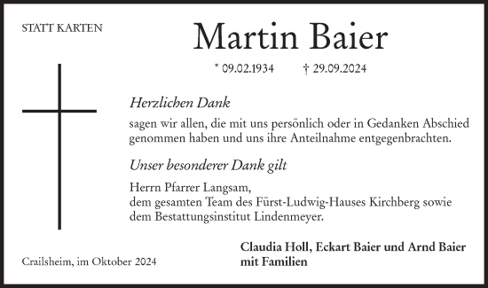 Traueranzeige von Martin Baier von Hohenloher Tagblatt