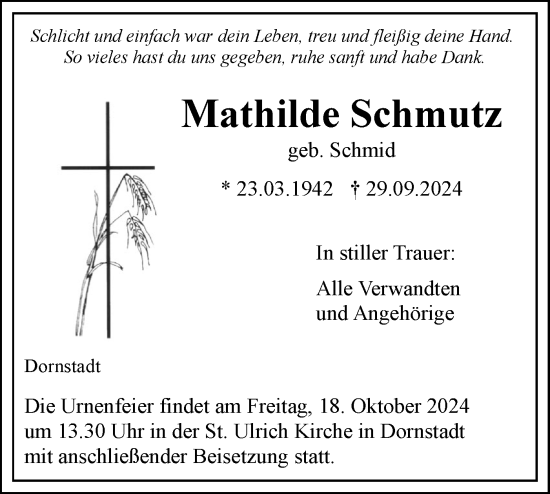 Traueranzeige von Mathilde Schmutz von SÜDWEST PRESSE Ausgabe Ulm/Neu-Ulm