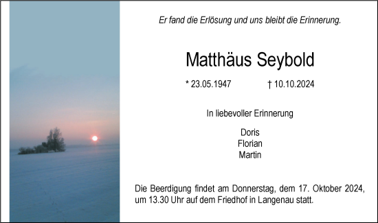 Traueranzeige von Matthäus Seybold von SÜDWEST PRESSE Ausgabe Ulm/Neu-Ulm