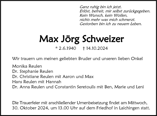 Traueranzeige von Max Jörg Schweizer von SÜDWEST PRESSE Ausgabe Ulm/Neu-Ulm