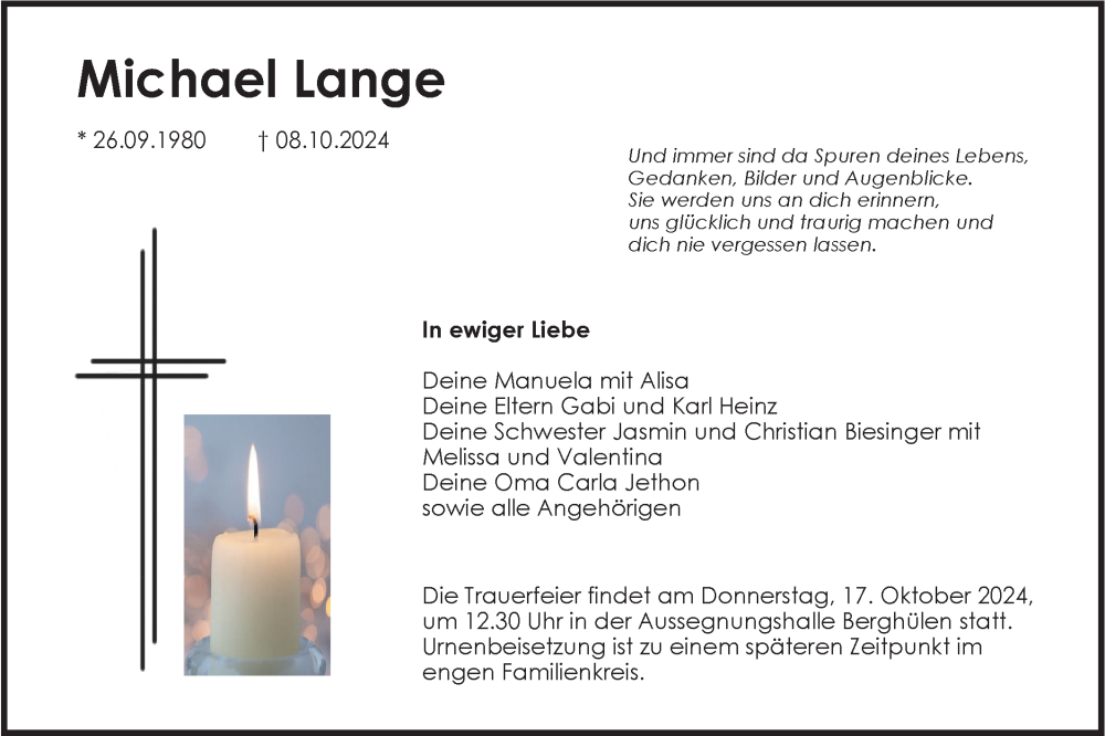  Traueranzeige für Michael Lange vom 12.10.2024 aus SÜDWEST PRESSE Ausgabe Ulm/Neu-Ulm