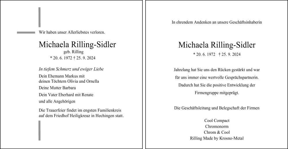  Traueranzeige für Michaela Rilling-Sidler vom 01.10.2024 aus SÜDWEST PRESSE Zollernalbkreis/Hohenzollerische Zeitung/Schwäbische Tagblatt