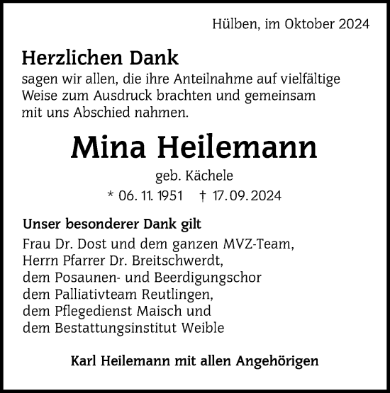 Traueranzeige von Mina Heilemann von Alb-Bote/Metzinger-Uracher Volksblatt