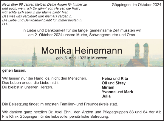 Traueranzeige von Monika Heinemann von NWZ Neue Württembergische Zeitung