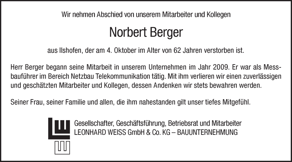  Traueranzeige für Norbert Berger vom 19.10.2024 aus Hohenloher Tagblatt