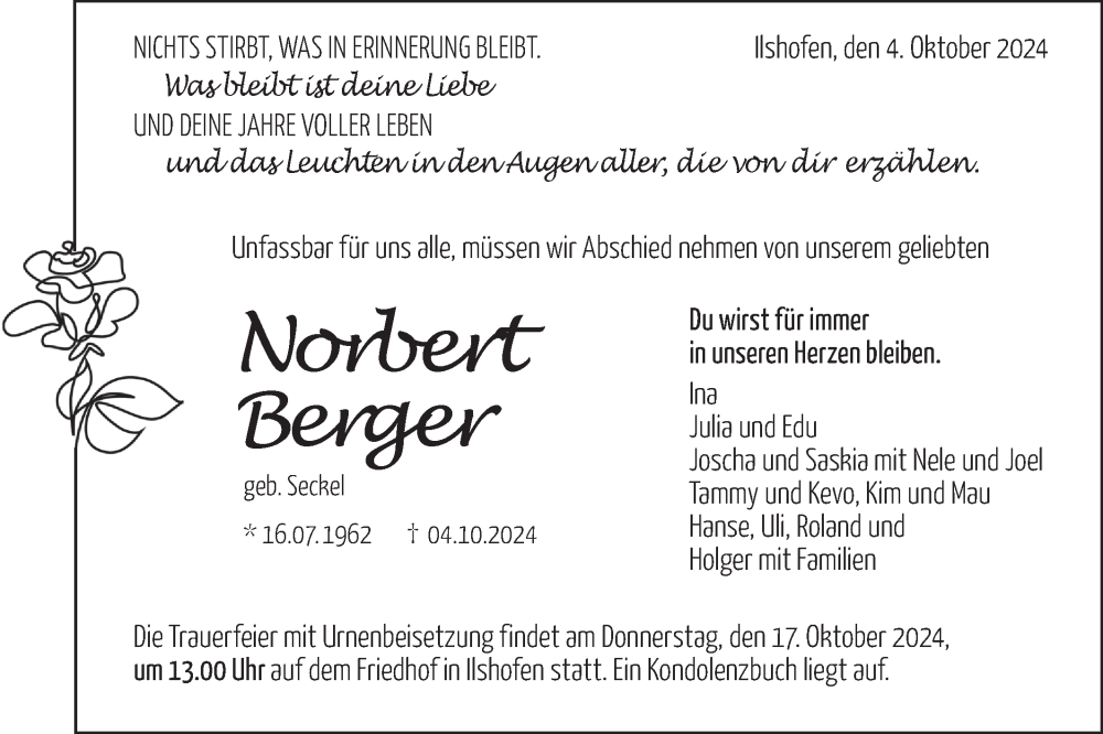  Traueranzeige für Norbert Berger vom 15.10.2024 aus Hohenloher Tagblatt/Haller Tagblatt