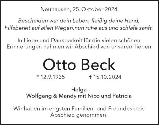 Traueranzeige von Otto Beck von Alb-Bote/Metzinger-Uracher Volksblatt