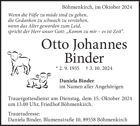 Traueranzeige von Otto Johannes Binder von Geislinger Zeitung