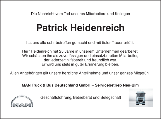 Traueranzeige von Patrick Heidenreich von SÜDWEST PRESSE Ausgabe Ulm/Neu-Ulm