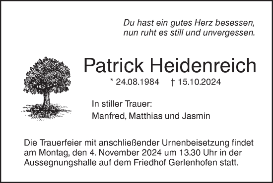 Traueranzeige von Patrick Heidenreich von SÜDWEST PRESSE Ausgabe Ulm/Neu-Ulm