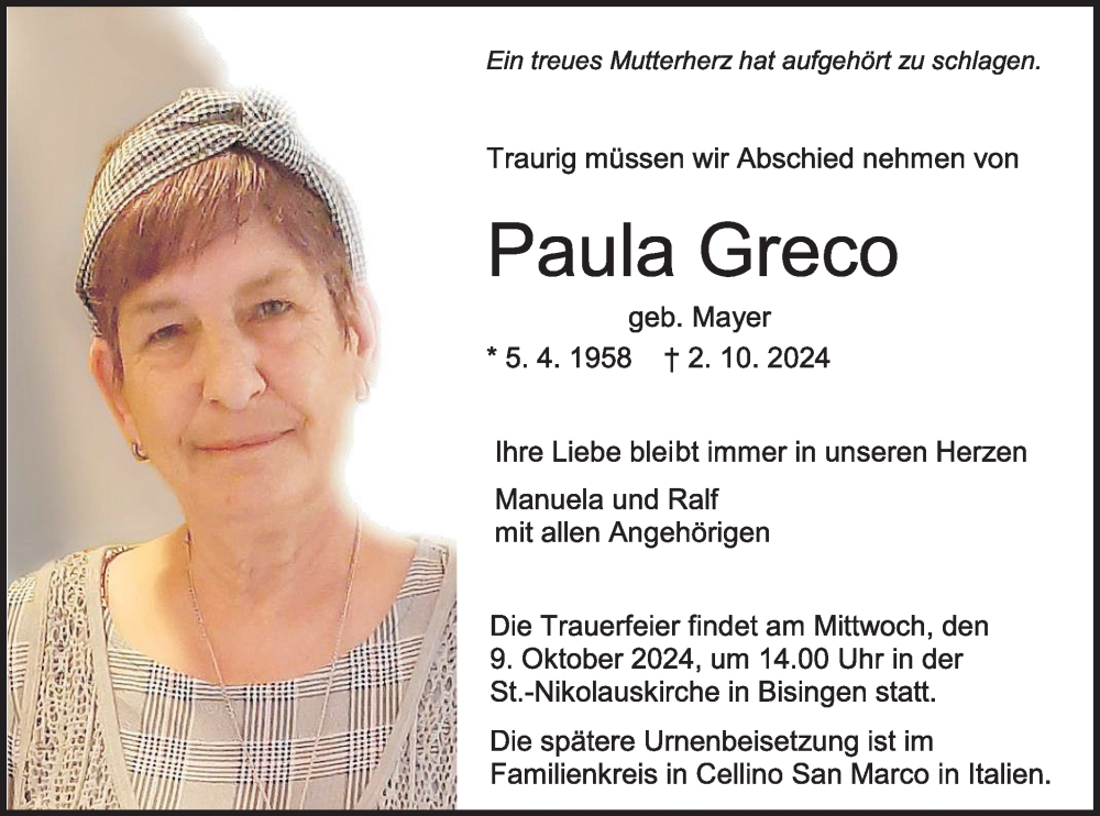  Traueranzeige für Paula Greco vom 05.10.2024 aus SÜDWEST PRESSE Zollernalbkreis/Hohenzollerische Zeitung