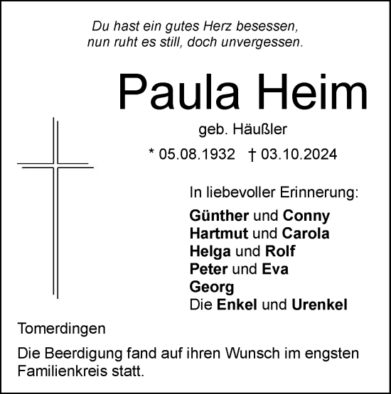 Traueranzeige von Paula Heim von SÜDWEST PRESSE Ausgabe Ulm/Neu-Ulm