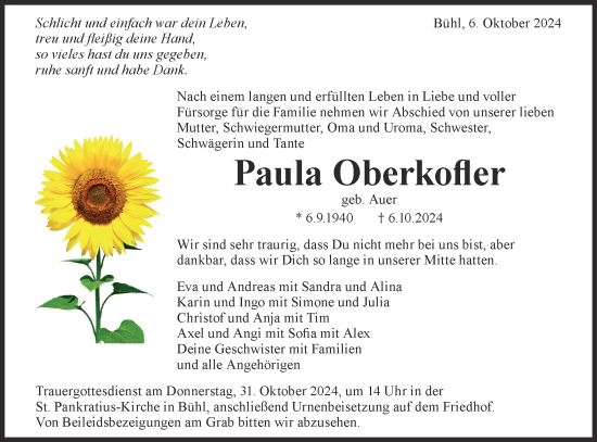 Traueranzeige von Paula Oberkofler von Schwäbische Tagblatt