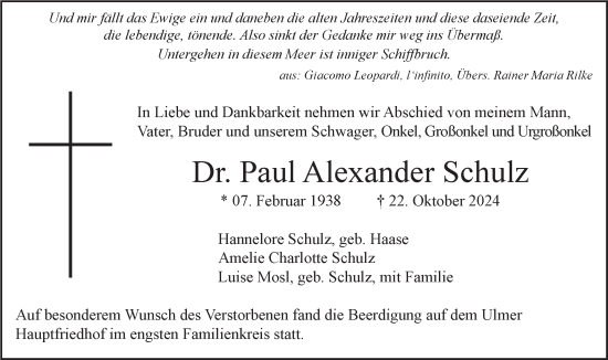 Traueranzeige von Paul Alexander Schulz von SÜDWEST PRESSE Ausgabe Ulm/Neu-Ulm