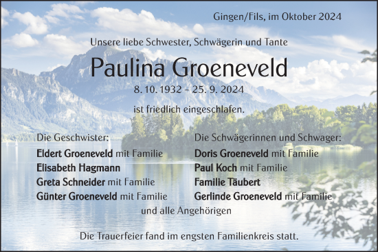 Traueranzeige von Paulina Groeneveld von Geislinger Zeitung