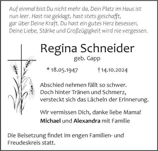 Traueranzeige von Regina Schneider von SÜDWEST PRESSE Ausgabe Ulm/Neu-Ulm