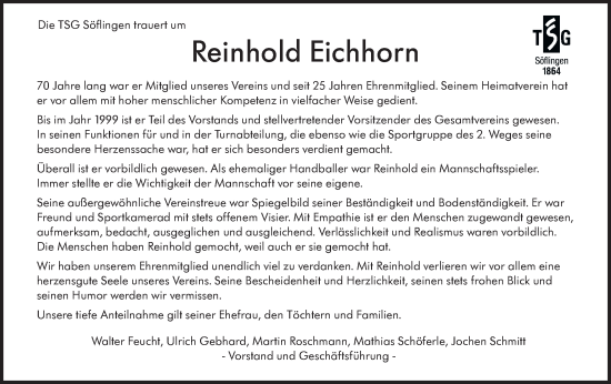 Traueranzeige von Reinhold Eichhorn von SÜDWEST PRESSE Ausgabe Ulm/Neu-Ulm