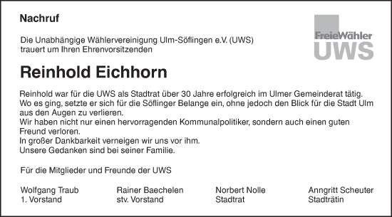 Traueranzeige von Reinhold Eichhorn von SÜDWEST PRESSE Ausgabe Ulm/Neu-Ulm