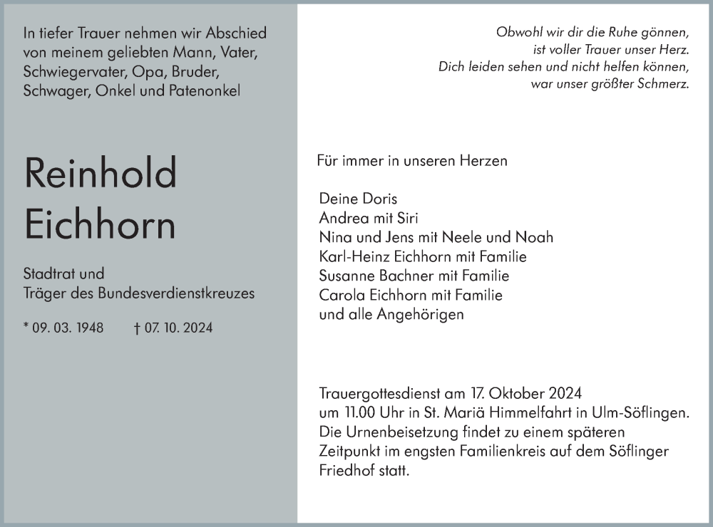  Traueranzeige für Reinhold Eichhorn vom 12.10.2024 aus SÜDWEST PRESSE Ausgabe Ulm/Neu-Ulm