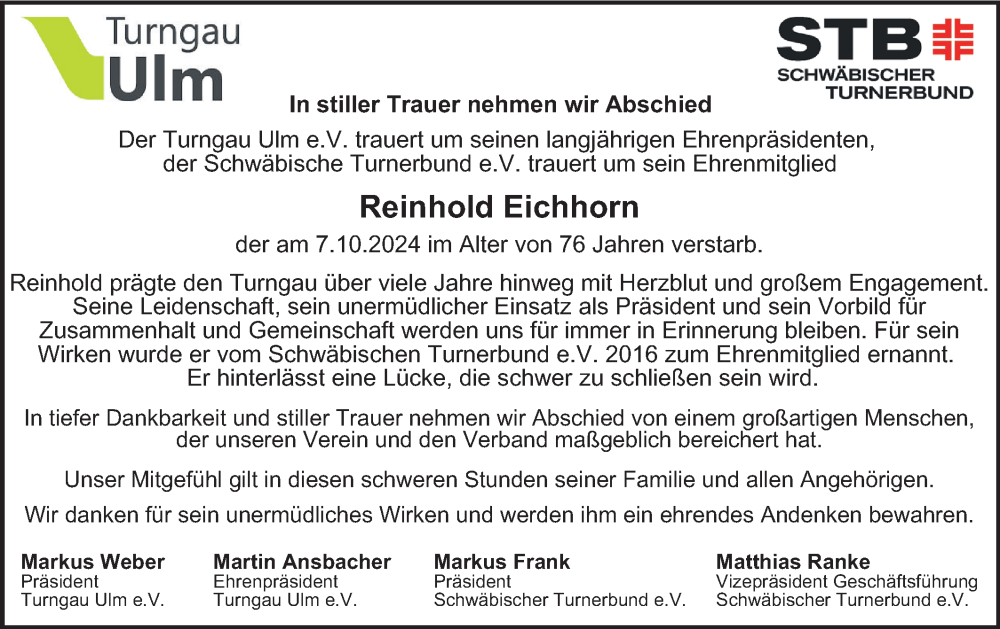  Traueranzeige für Reinhold Eichhorn vom 12.10.2024 aus SÜDWEST PRESSE Ausgabe Ulm/Neu-Ulm