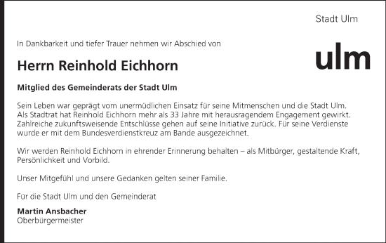 Traueranzeige von Reinhold Eichhorn von SÜDWEST PRESSE Ausgabe Ulm/Neu-Ulm