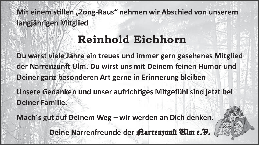  Traueranzeige für Reinhold Eichhorn vom 16.10.2024 aus SÜDWEST PRESSE Ausgabe Ulm/Neu-Ulm